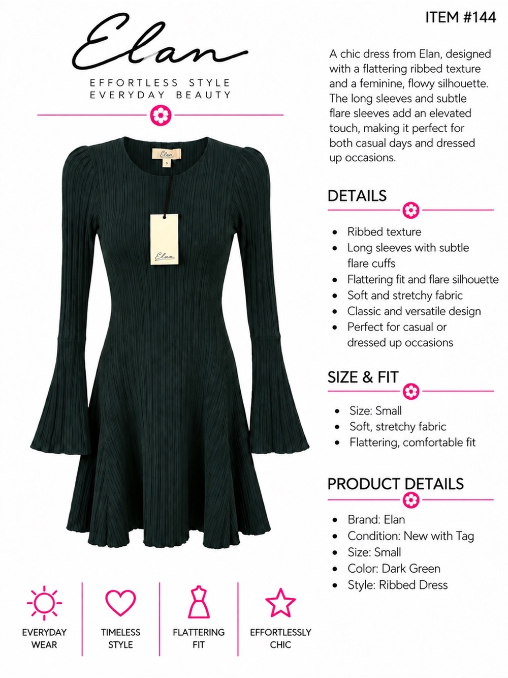 Elan Dark Green Ribbed Flare Dress I medium and 1 small